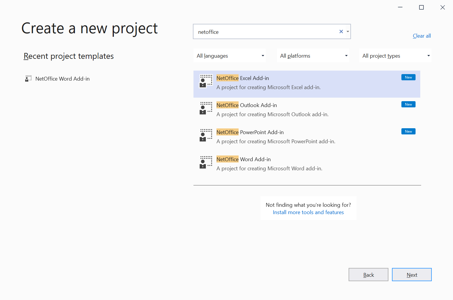 Create new project - NetOffice add-in templates